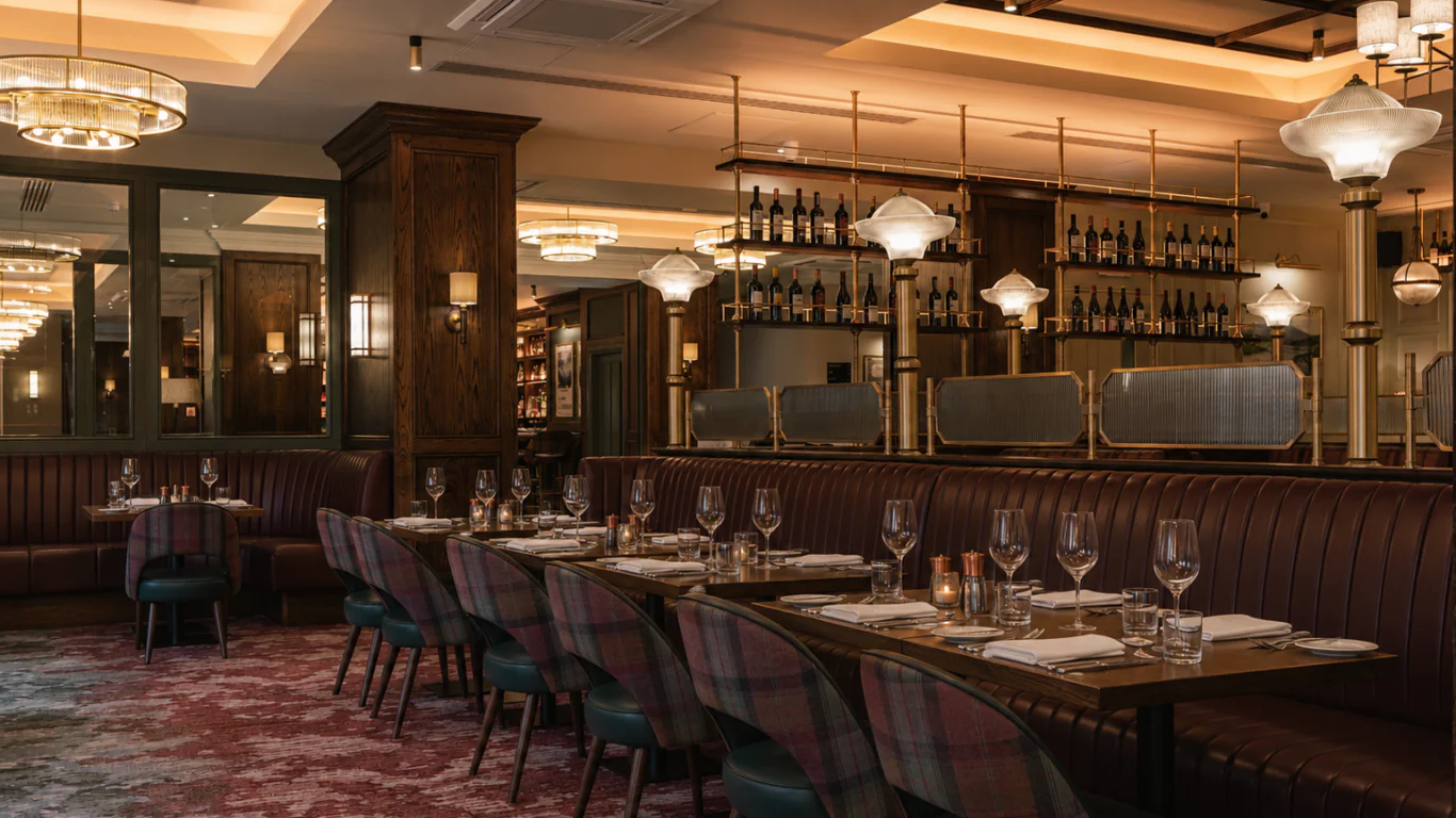 Elegant restaurant interior with dark wood accents, upholstered seating, set tables with glassware, wine bottles on shelves, and warm ambient lighting.