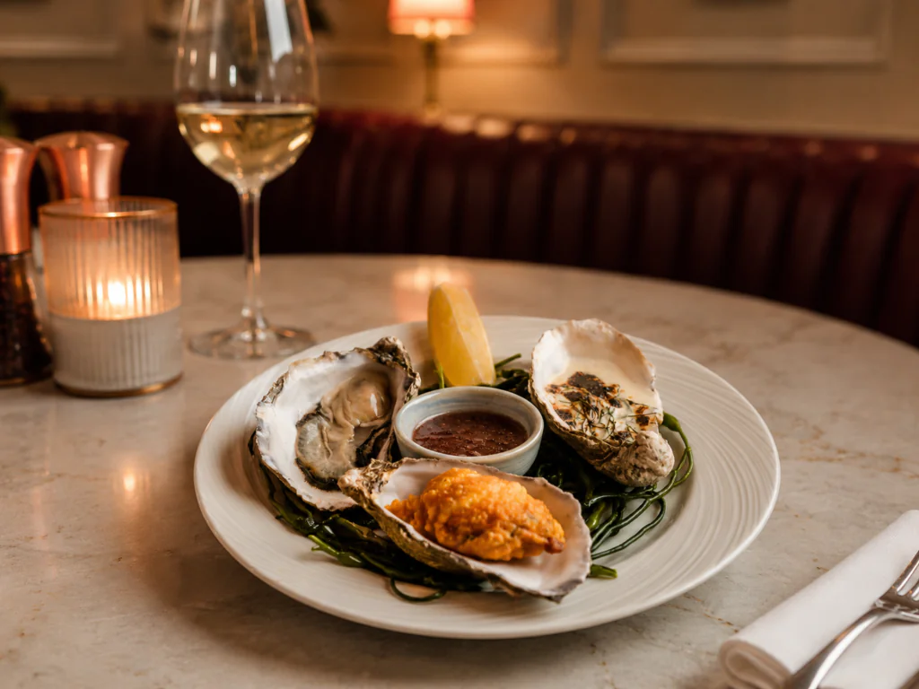Carriage Oysters A plate with three oysters, a lemon wedge, sauce, and a glass of white wine on a restaurant table with a lit candle.