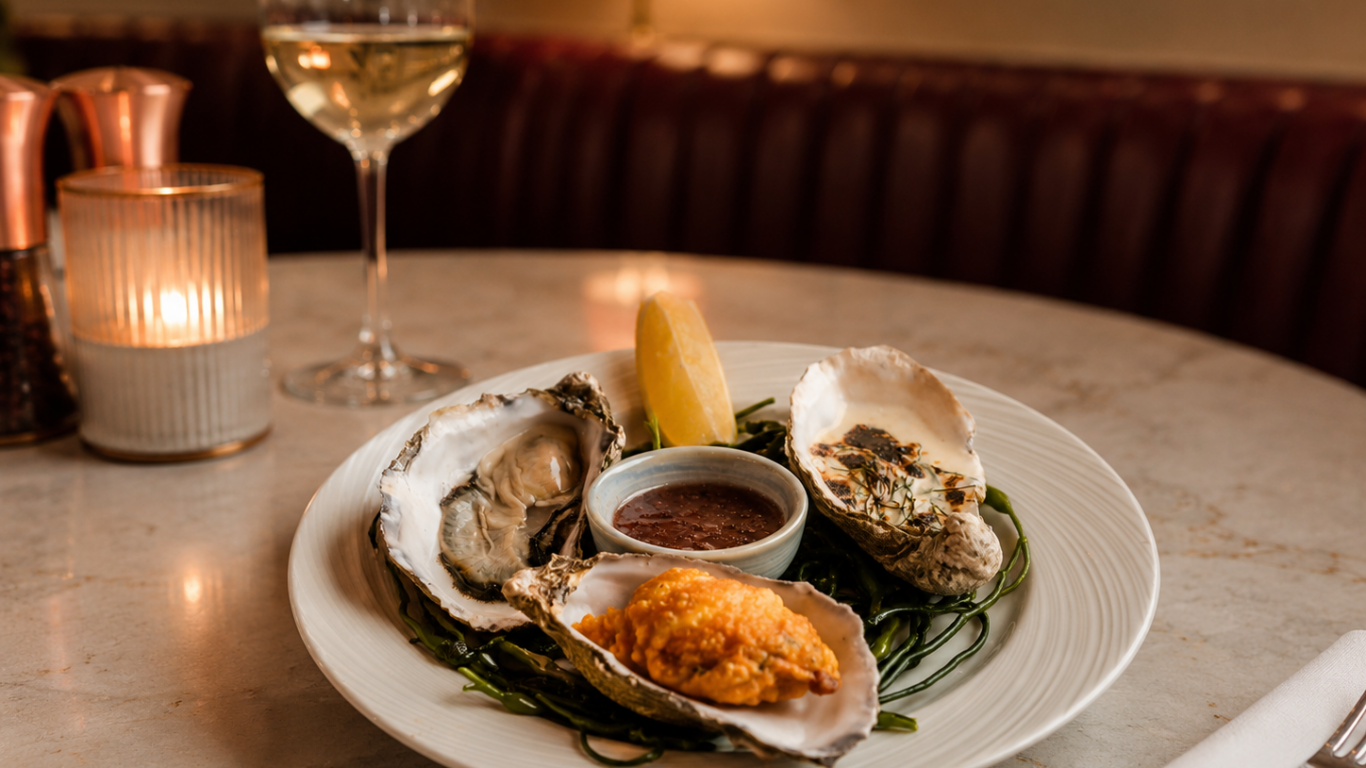 A plate with three oysters, a lemon wedge, sauce, and a glass of white wine on a restaurant table with a lit candle.