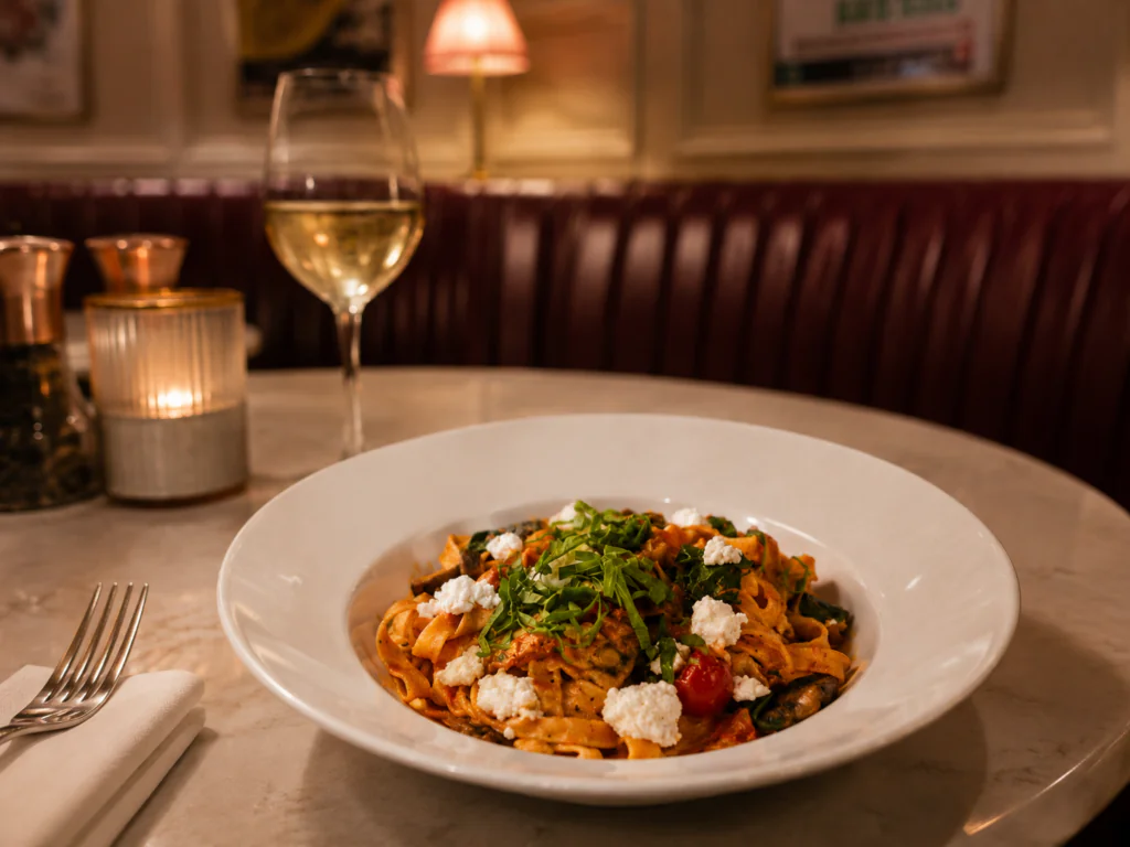A plate of pasta topped with ricotta and herbs sits on a marble table next to a glass of white wine, a fork, and a folded napkin in a dimly lit restaurant.
