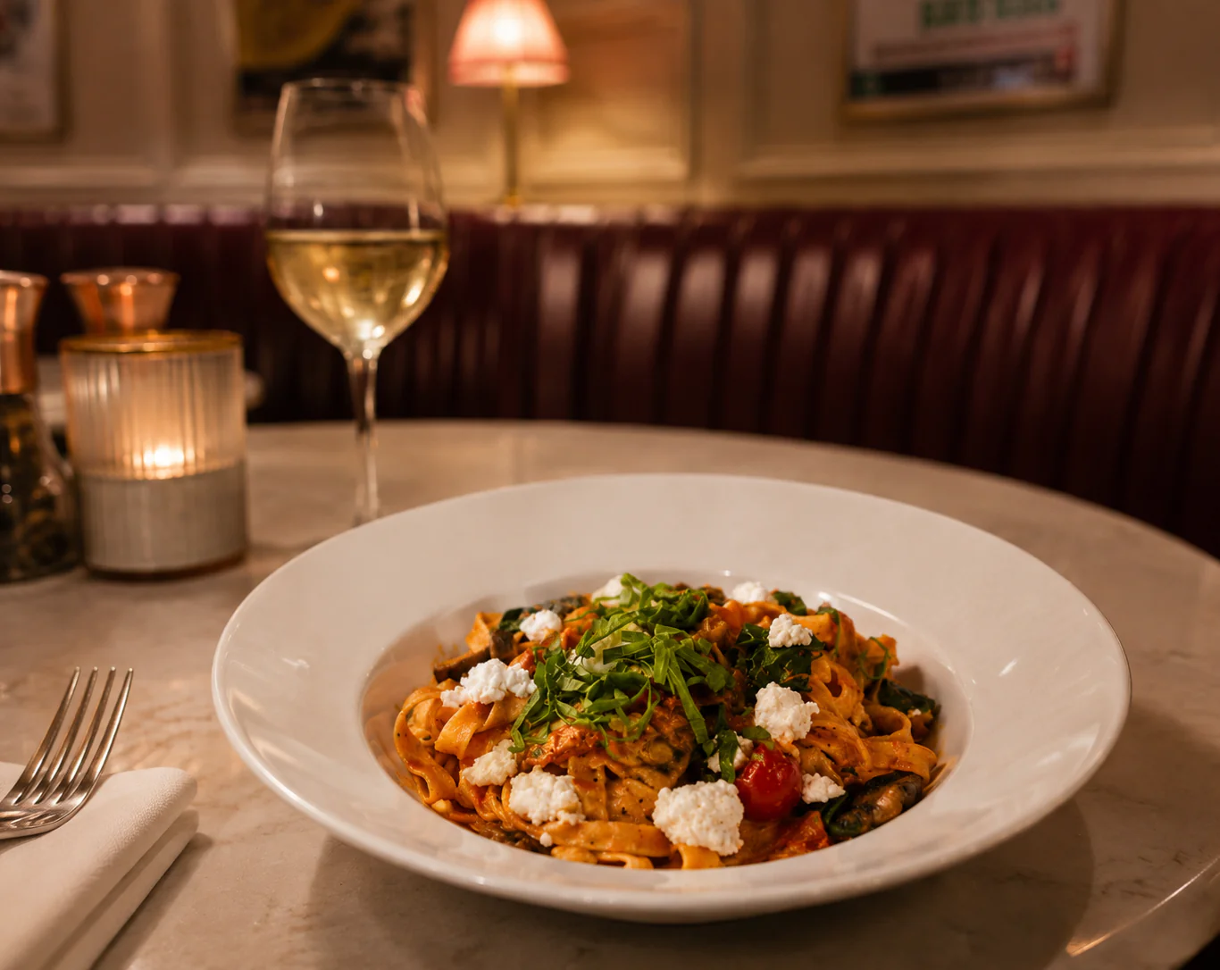 A plate of pasta topped with ricotta and herbs sits on a marble table next to a glass of white wine, a fork, and a folded napkin in a dimly lit restaurant.