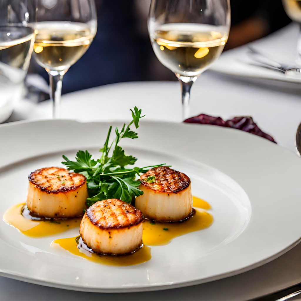 Three seared scallops with sauce are garnished with fresh parsley on a white plate, accompanied by glasses of white wine in the background.