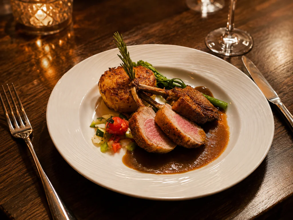 A plated meal featuring three lamb chops with sauce, a round potato side, and mixed vegetables, set on a wooden table with cutlery, wine glass, and candle.