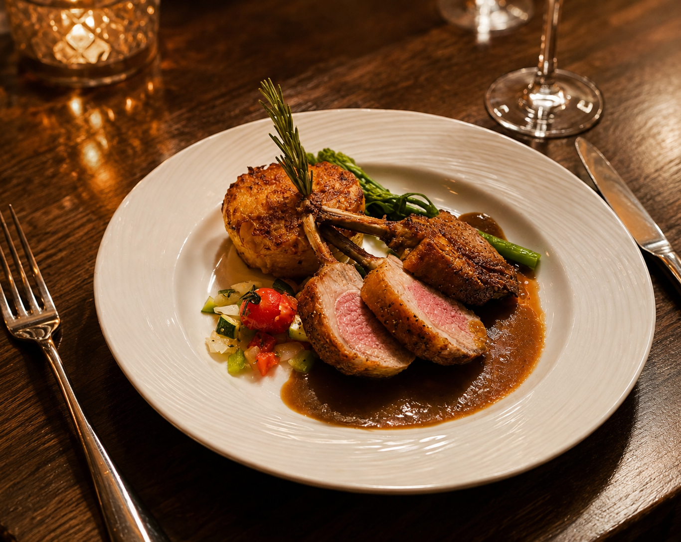 A plated meal featuring three lamb chops with sauce, a round potato side, and mixed vegetables, set on a wooden table with cutlery, wine glass, and candle.