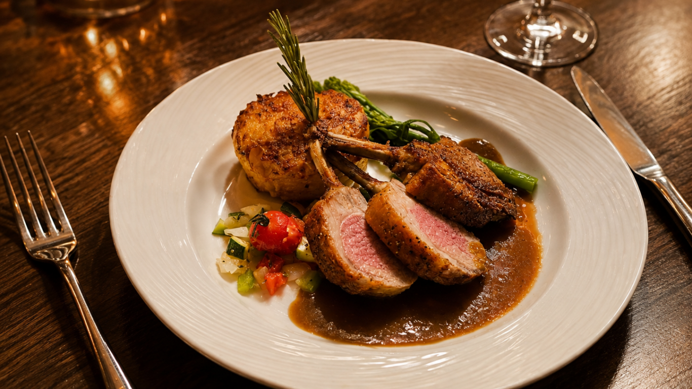A plated meal featuring three lamb chops with sauce, a round potato side, and mixed vegetables, set on a wooden table with cutlery, wine glass, and candle.
