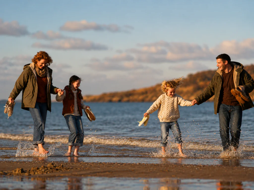 Four people, two adults and two children, walk barefoot along the shoreline, holding hands and smiling as they splash in the shallow water.