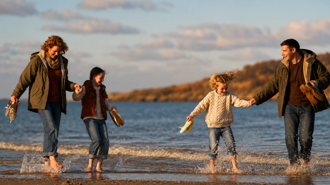 Four people, two adults and two children, walk barefoot along the shoreline, holding hands and smiling as they splash in the shallow water.