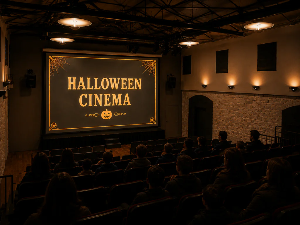 A dimly lit cinema shows a screen with “Halloween Cinema” in large letters as people sit facing it.