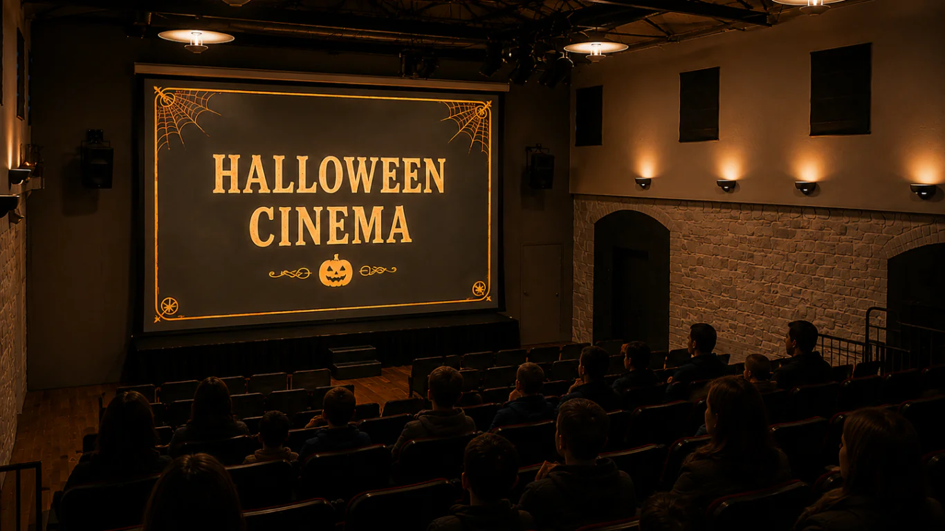 A dimly lit cinema shows a screen with &ldquo;Halloween Cinema&rdquo; in large letters as people sit facing it.