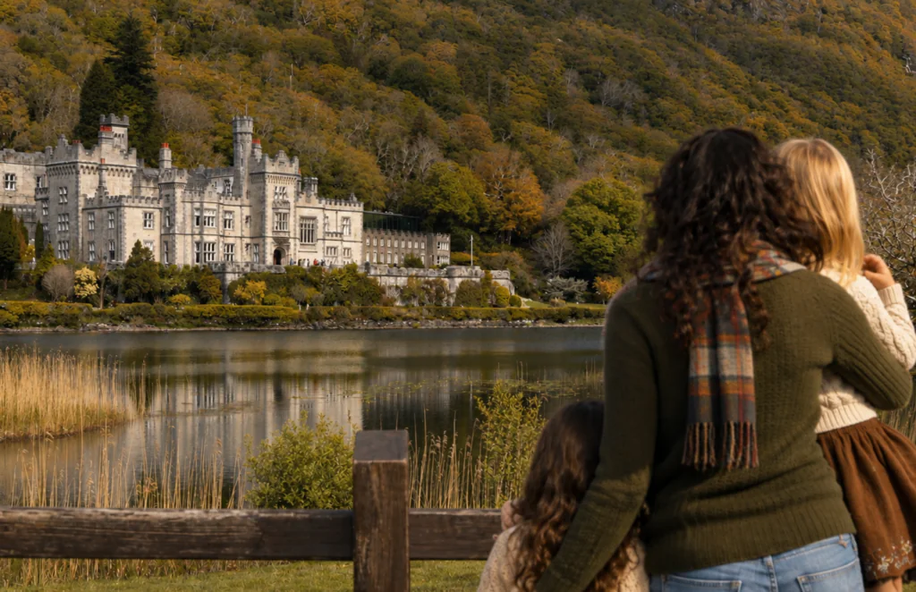 A woman and two children stand by a wooden fence overlooking a lake, facing a large stone castle set against a forested hillside.