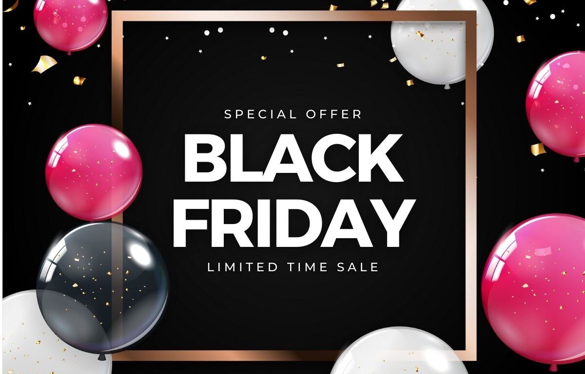 Black Friday sale announcement with a gold frame, pink, black, and white balloons, gold confetti, and &ldquo;Special Offer Black Friday Limited Time Sale&rdquo; text on a black background.