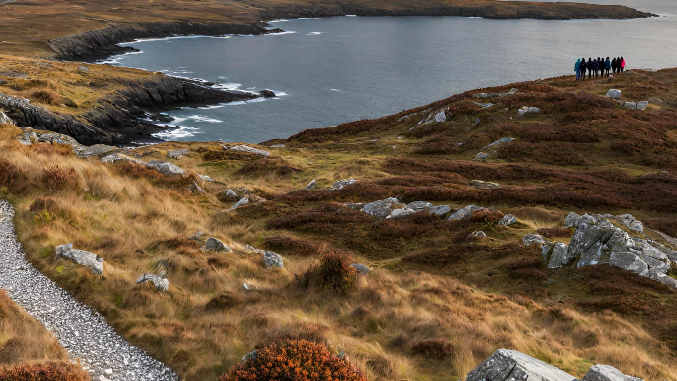 A small group of people stands on a grassy hillside overlooking a rocky coastline and the sea, with distant hills in the background.