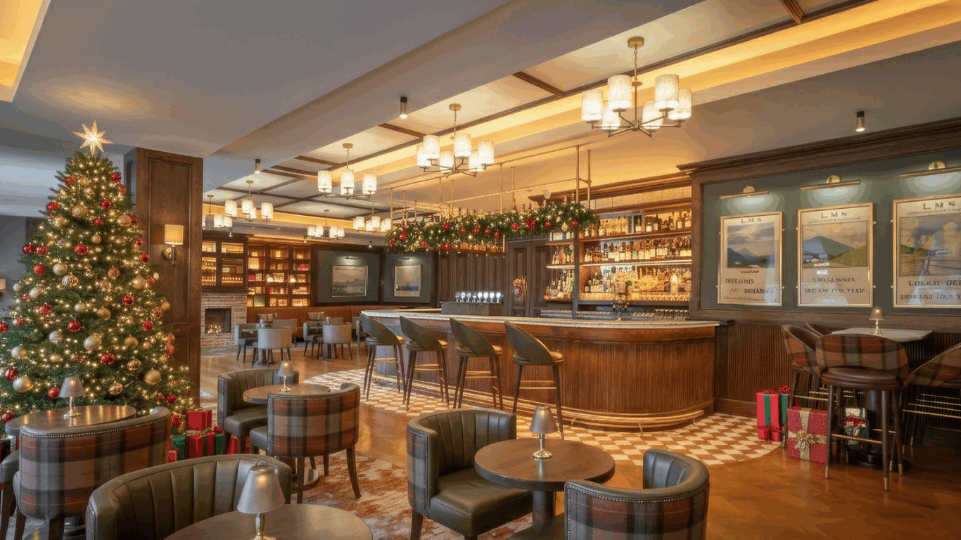 A cozy bar decorated for Christmas with a large tree, hanging garlands, wrapped gifts, and festive lights; empty tables and chairs are arranged around a central wooden bar.