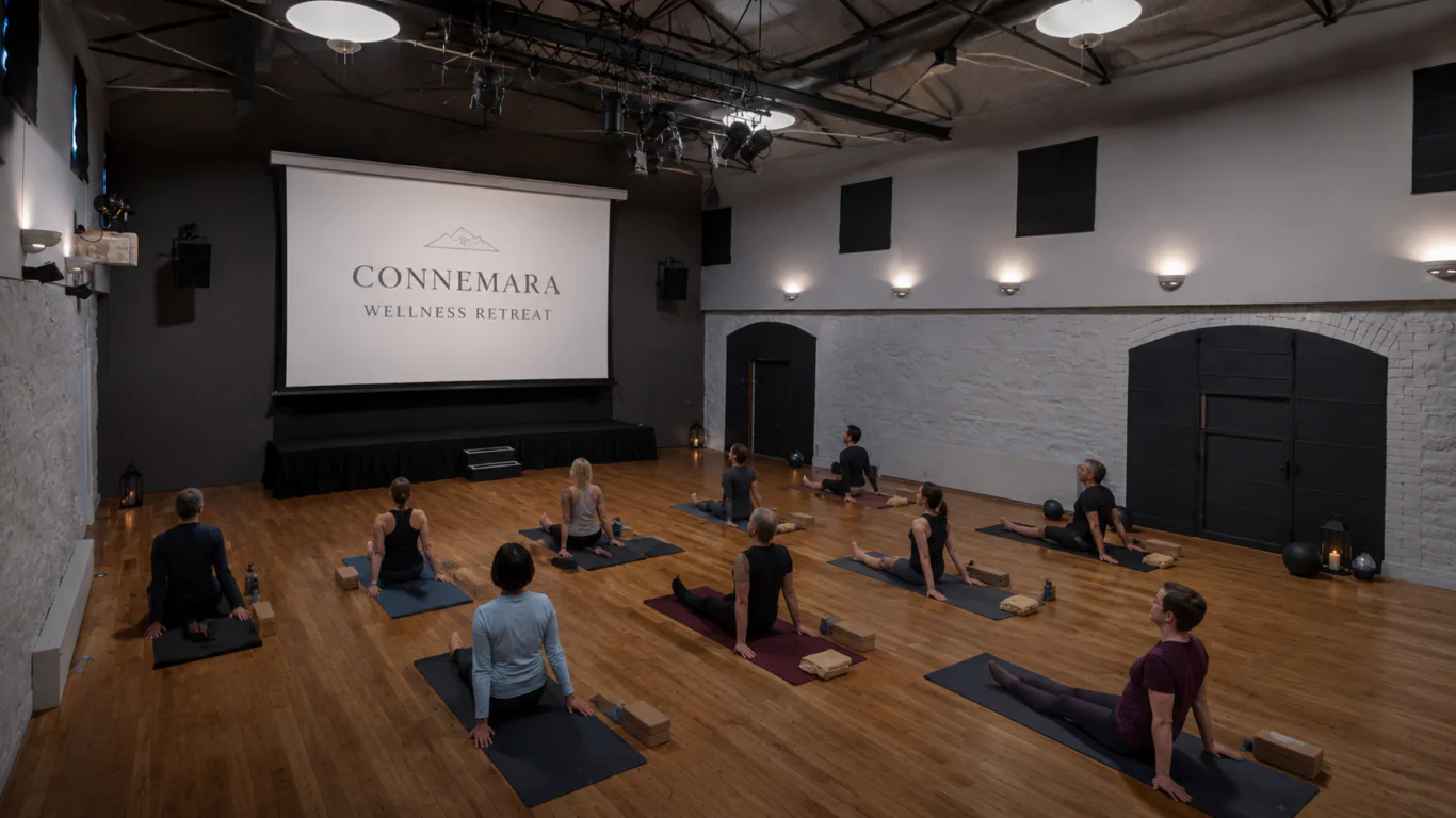 A group of people practice yoga on mats in a spacious studio with wood floors, facing a screen that reads “Connemara Wellness Retreat.”.