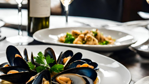A plate of mussels in sauce garnished with parsley, with wine glasses, a wine bottle, and another seafood dish in the background on a restaurant table.