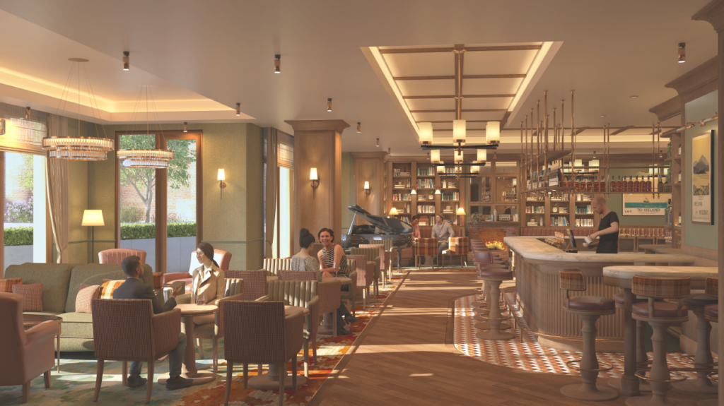 A modern lounge with people seated at tables and a bar, featuring a grand piano, large windows, and warm lighting.