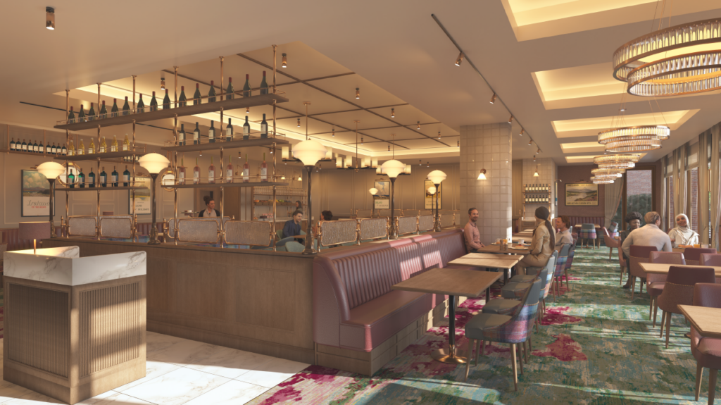 A modern restaurant interior with purple booth seating, tables, hanging lights, bottle displays, and several people dining. Large windows let in natural light.