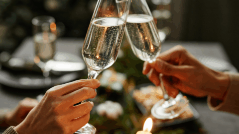 Two people clink champagne glasses over a candlelit table with plates and food in the background.