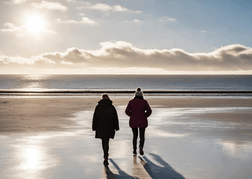 Two people in winter coats walk on a wet sandy beach toward the sea under a bright sun and partly cloudy sky.