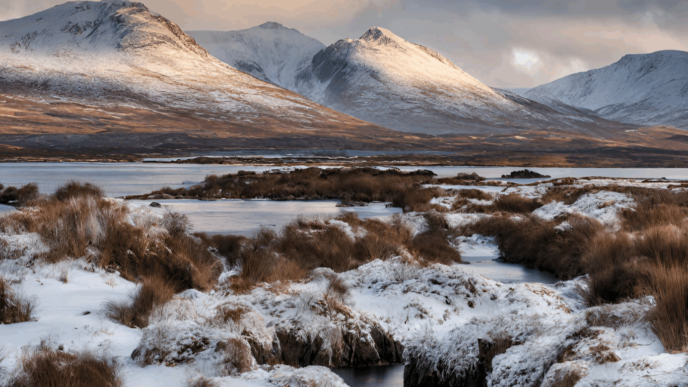 Snow-covered marshland with brown grasses in the foreground, a partially frozen lake, and sunlit mountains under a cloudy sky in the background.