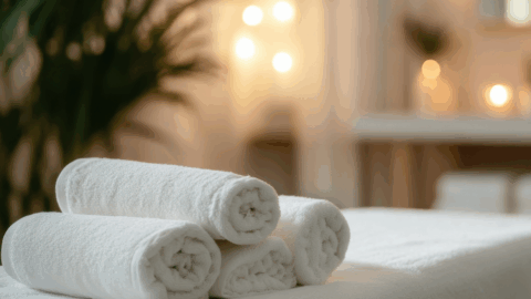 Four rolled white towels are stacked on a massage table in a softly lit room with blurred plants and string lights in the background.