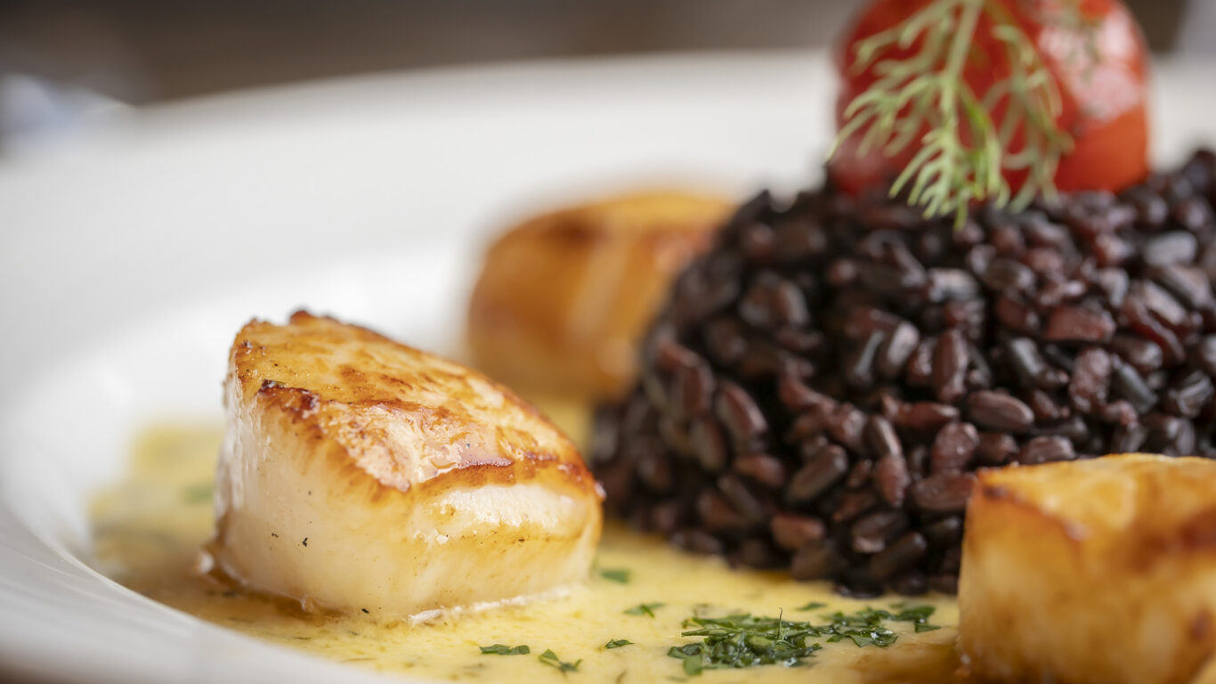 Seared scallops served with a creamy sauce, a mound of black rice, and a roasted cherry tomato, garnished with fresh herbs on a white plate.
