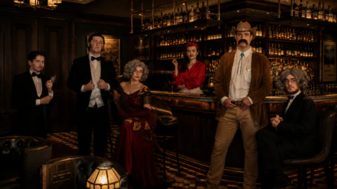 Six people in formal and period costumes pose in a dimly lit, vintage-style bar with wooden paneling, a stocked back bar, and patterned tile flooring.