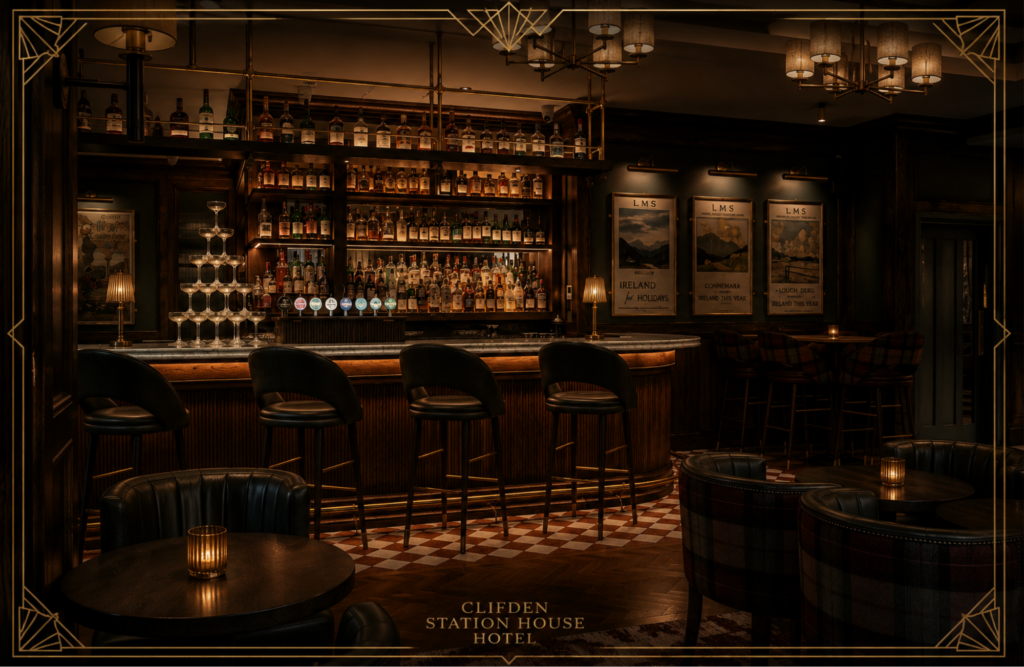 Jingle Night Celebration (1) Dimly lit hotel bar with a wooden counter, bar stools, shelves of liquor bottles, a champagne tower, and small candles on tables. Vintage travel posters decorate the back wall.