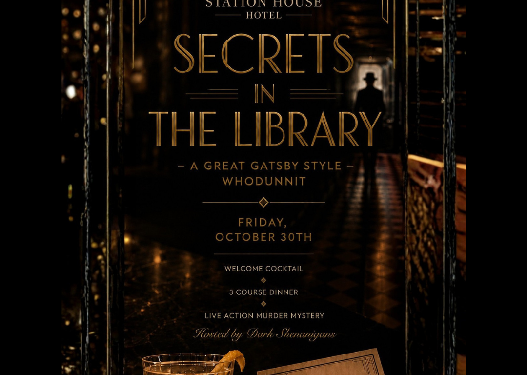 Poster for “Secrets in the Library” Gatsby-style whodunnit at Clifden Station House Hotel on October 30th, featuring dinner, cocktails, and live murder mystery.