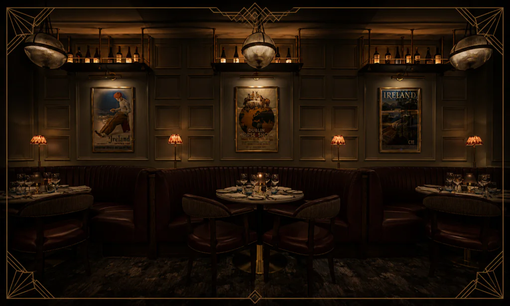 carriagedeco Dimly lit restaurant with red leather booths, round tables set for dining, vintage posters on paneled walls, and soft wall lamps create a cozy, intimate atmosphere.