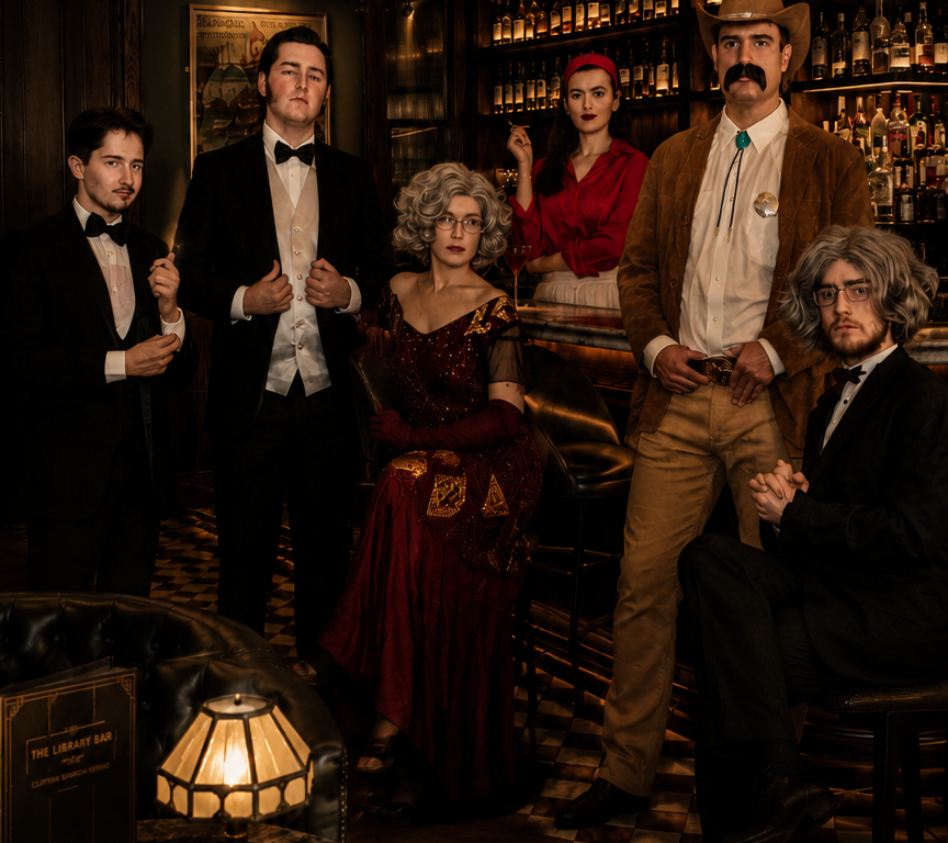 Six people in elegant, vintage attire pose in a dimly lit bar with shelves of bottles, ornate lighting, and art deco decor in the background.