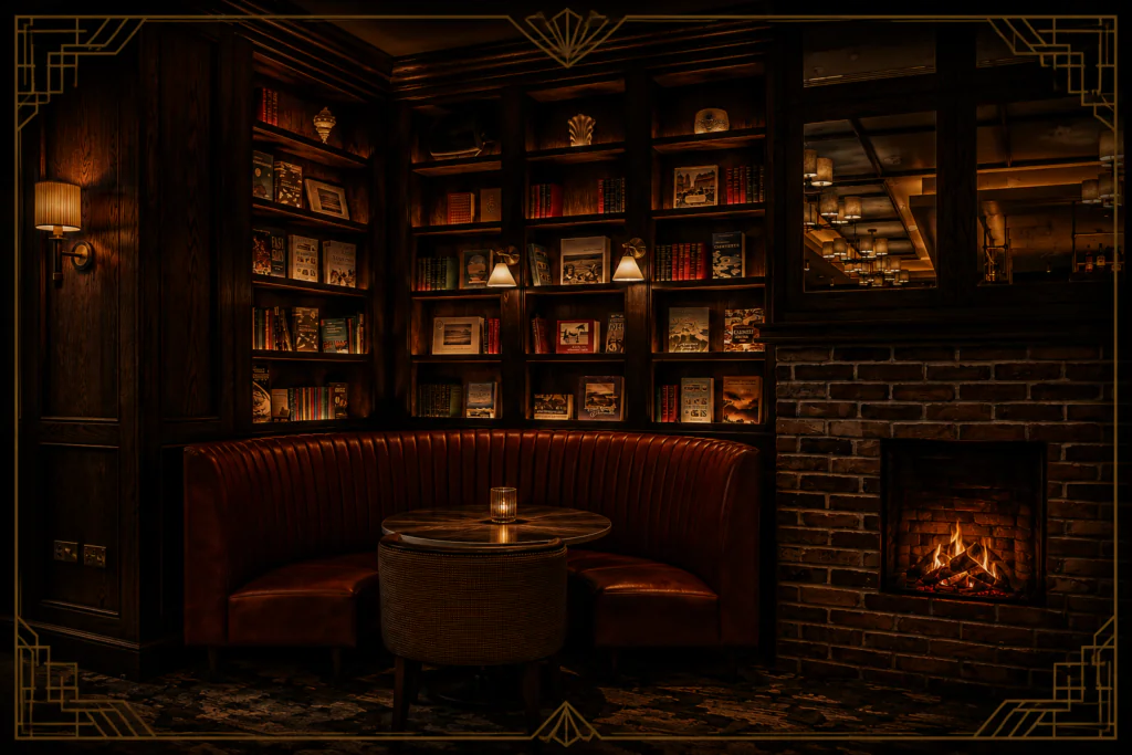 lib bar Dimly lit lounge with leather curved booth, round table, bookshelf filled with books, and a lit brick fireplace.