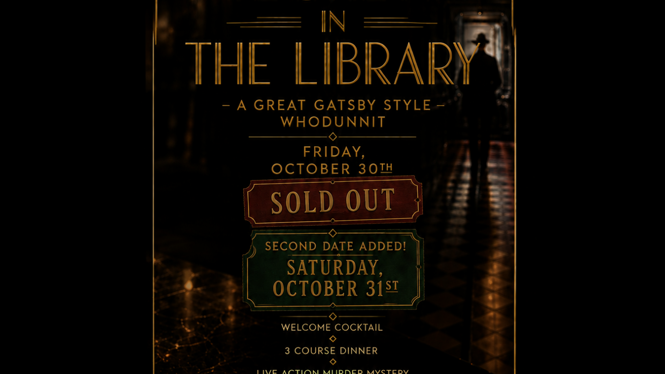 Event poster for a murder mystery dinner titled “Secrets in the Library” at Clipden Station House Hotel, with two dates, themed decor, a cocktail, and vintage invitation card shown.