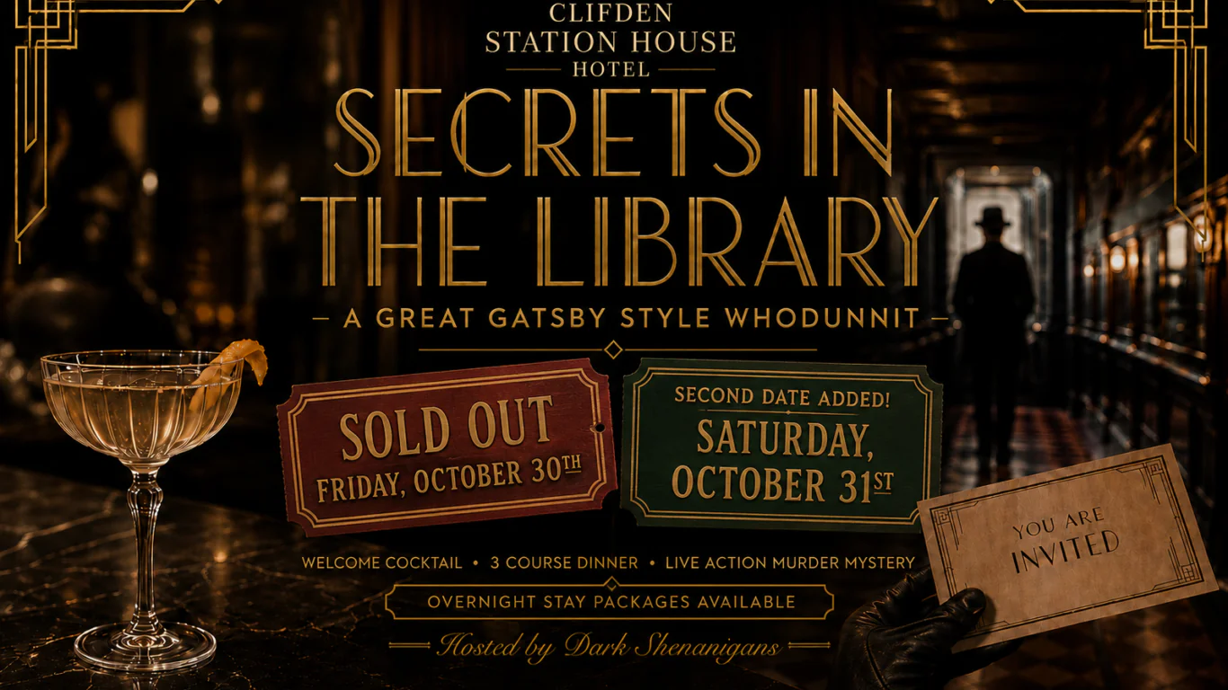 Art deco-style event poster for a 1920s-themed murder mystery, “Secrets in the Library,” at Clifden Station House Hotel, with a cocktail, invitation, and shadowy figure in the background.