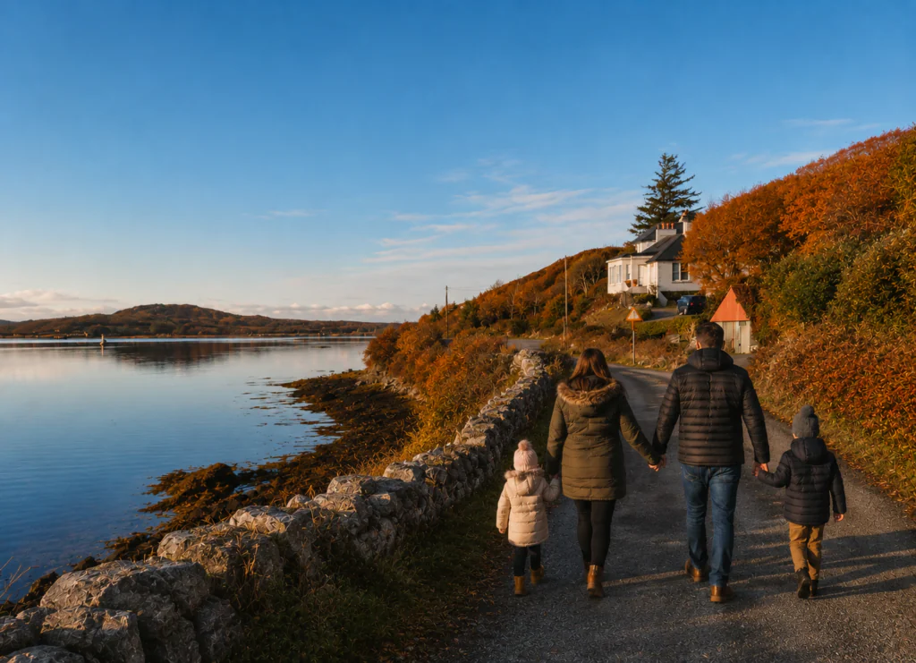A family of four walks hand-in-hand along a lakeside road bordered by autumn trees, with a house and calm water on a clear day.