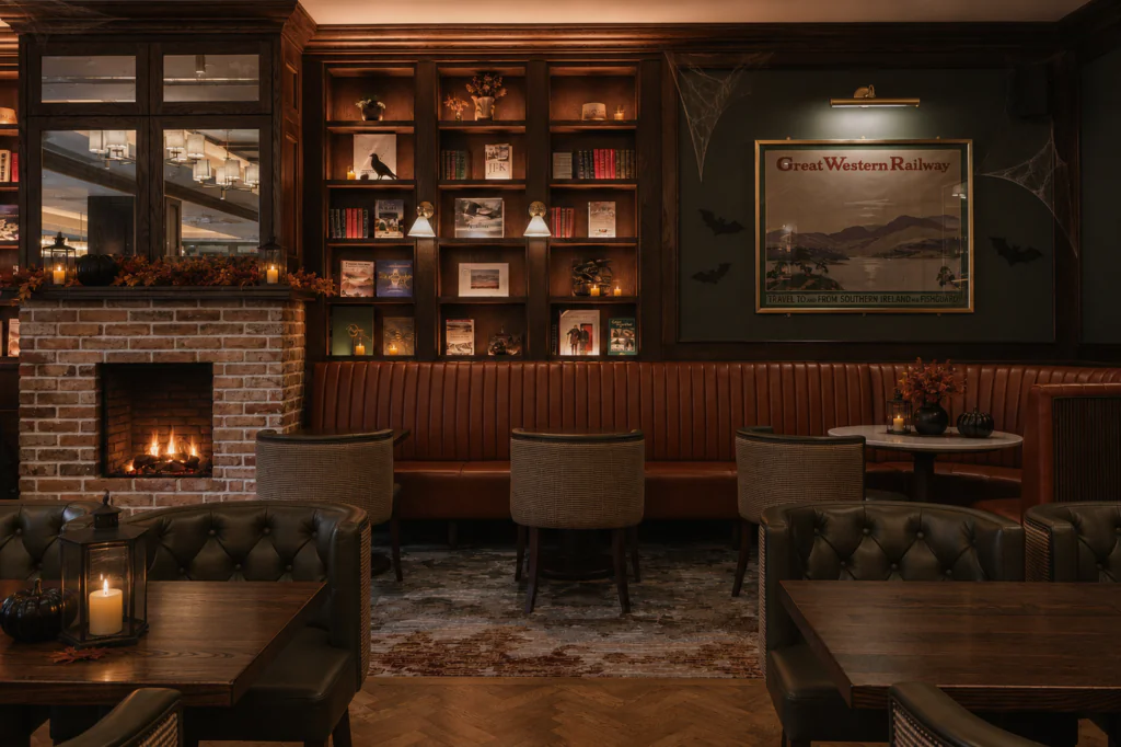 Cozy, dimly lit lounge with a fireplace, bookshelf, leather seating, and Halloween decorations including cobwebs, candles, pumpkins, and bat silhouettes on the wall.