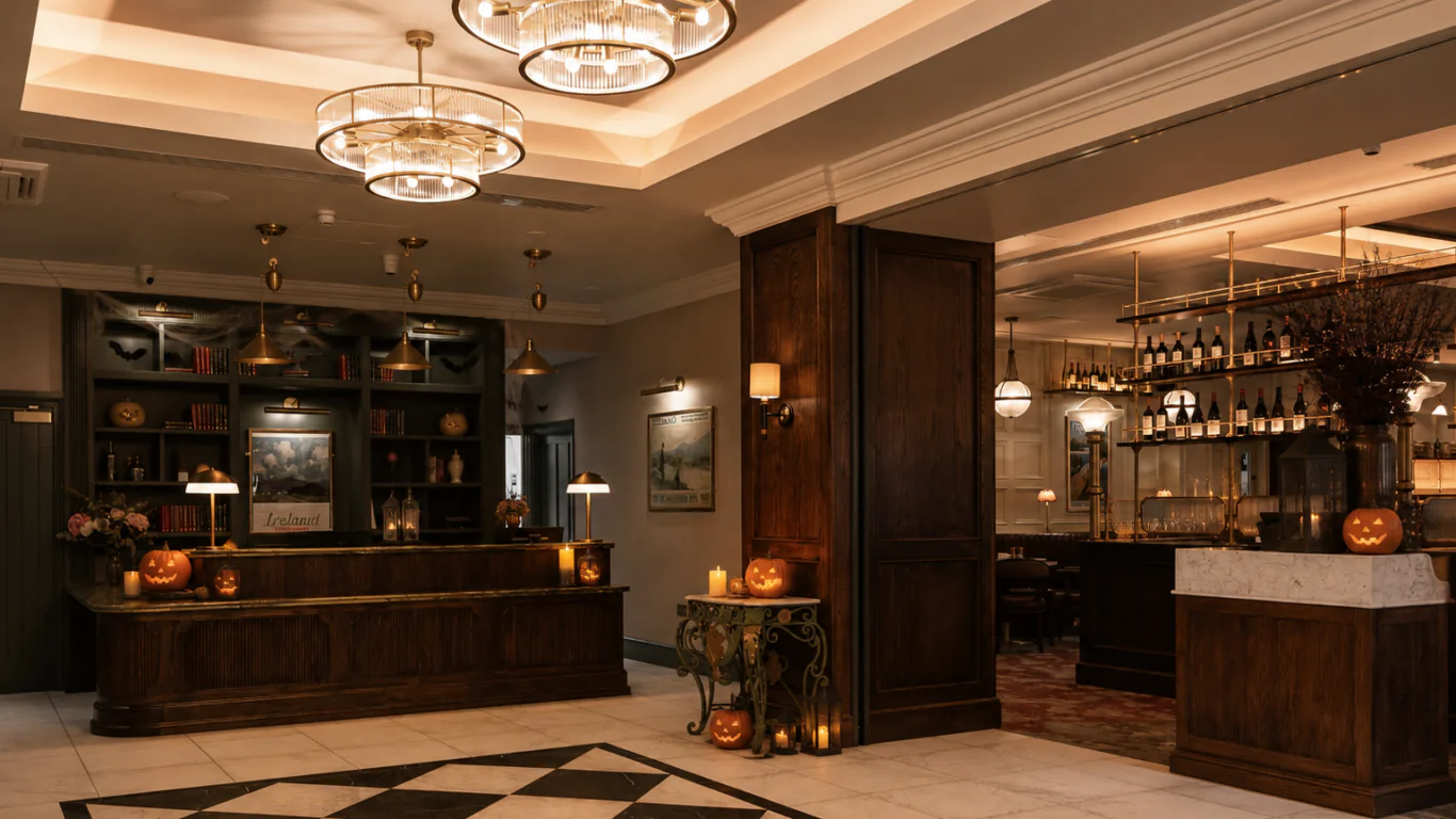 Hotel lobby with dark wood furniture, chandeliers, a checkered floor, and Halloween decorations including carved pumpkins and candles throughout the space.