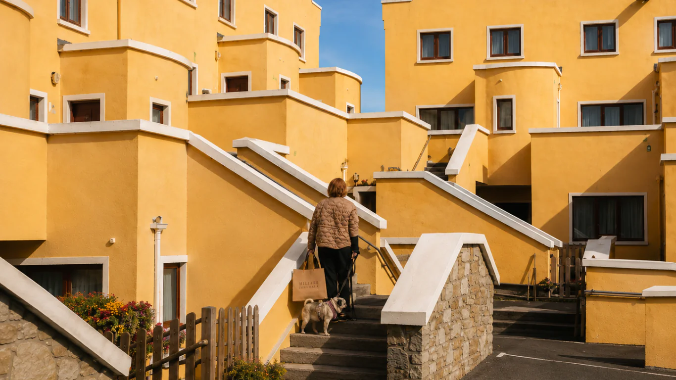 A person walks a dog up stairs outside a yellow, self catering apartment complex with geometric architecture on a sunny day.