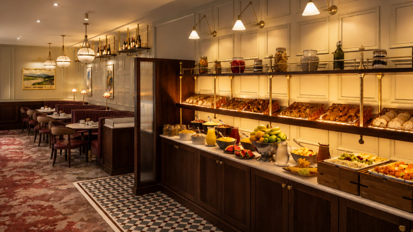 A hotel dining area with a buffet spread featuring bread, fruit, and pastries, set against wood and marble counters, with tables and red chairs in the background.