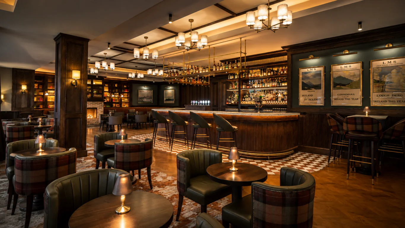 A warmly lit bar with plaid chairs, round tables, a wooden bar counter, shelves of bottles, and vintage travel posters on the wall.