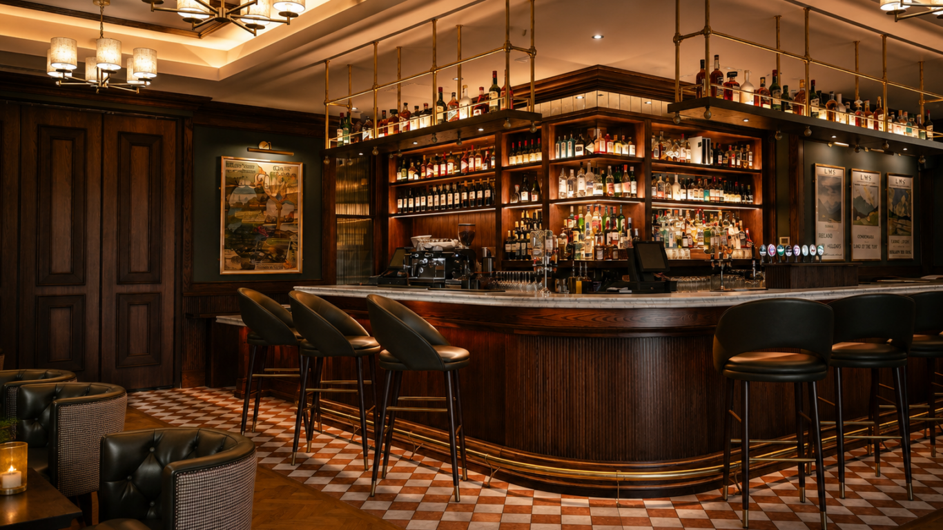 Elegant bar with a curved wooden counter, leather barstools, shelves stocked with bottles, warm lighting, and checkered floor tiles.