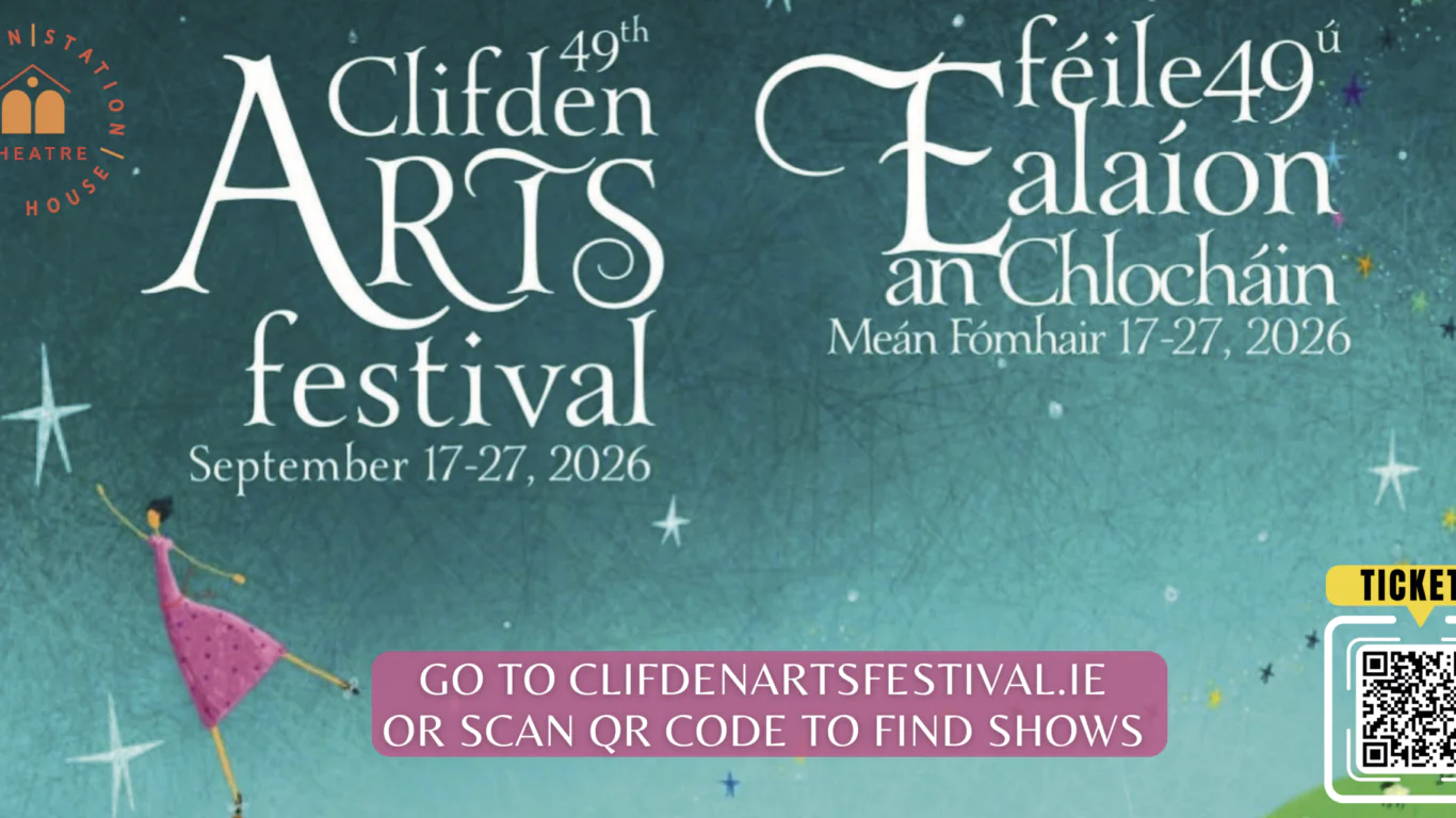 Poster for the 49th Clifden Arts Festival, September 17-27, 2026, with event details in English and Irish, ticket info, and an illustration of a dancer on a blue background.