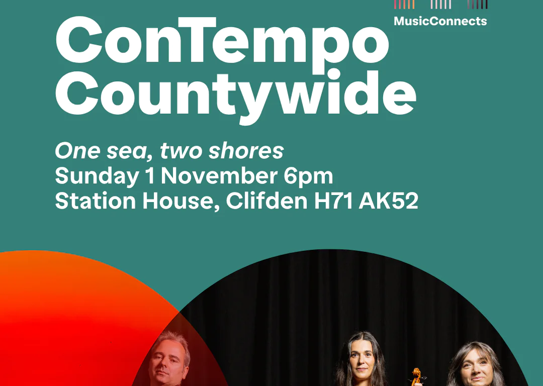 Event poster for ConTempo Countywide: &ldquo;One sea, two shores&rdquo; on Sunday 1 November at 6pm at Station House, Clifden. The image shows four classical musicians holding instruments against a sunset background.