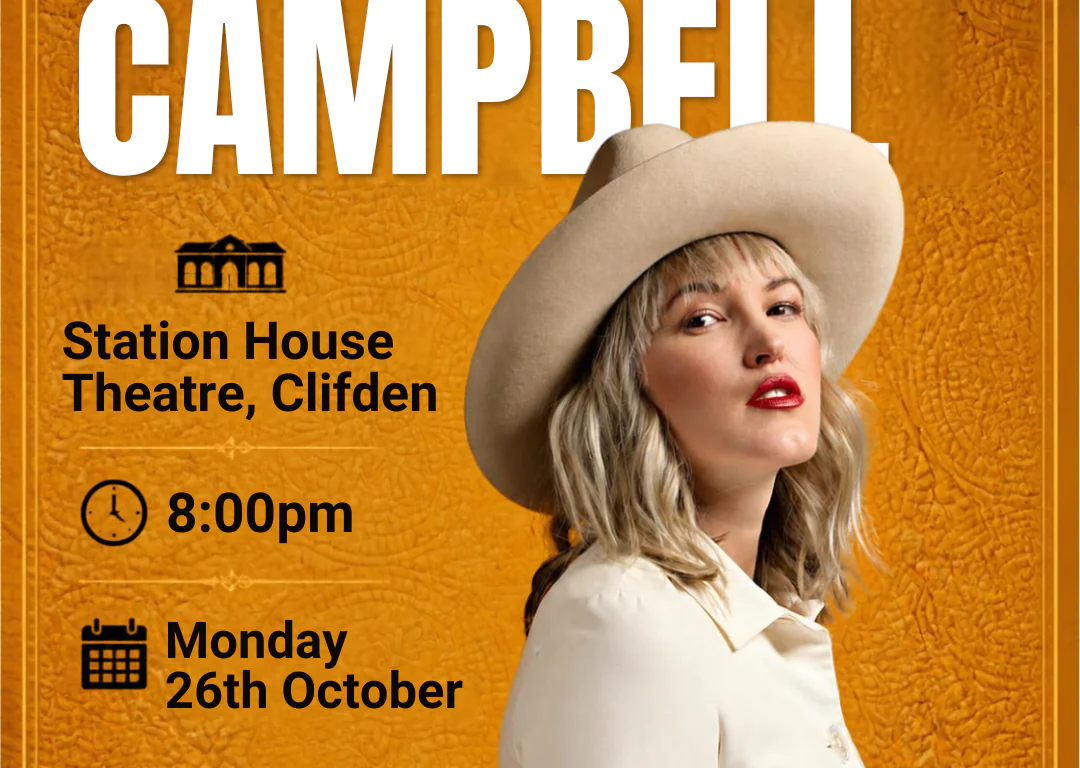 Event poster for an Ashley Campbell concert at Station House Theatre, Clifden on Monday, 26th October at 8:00pm, with ticket information and a QR code.