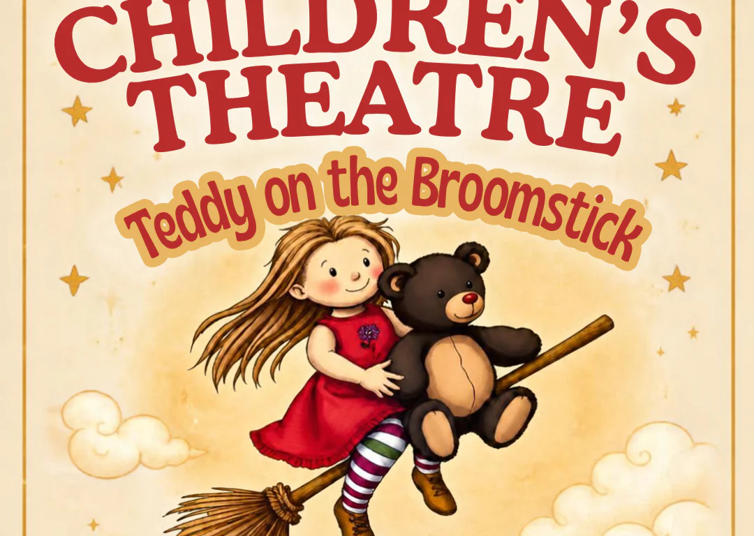 Poster for the Children&rsquo;s Theatre production &ldquo;Teddy on the Broomstick&rdquo; on October 17th at 10:30am at Station House Theatre, Clifden. Includes a QR code for tickets for children aged 6 and under.